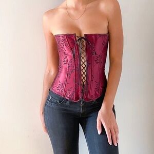 Victoria's Secret Burgundy Floral Lace-Up Corset Bustier